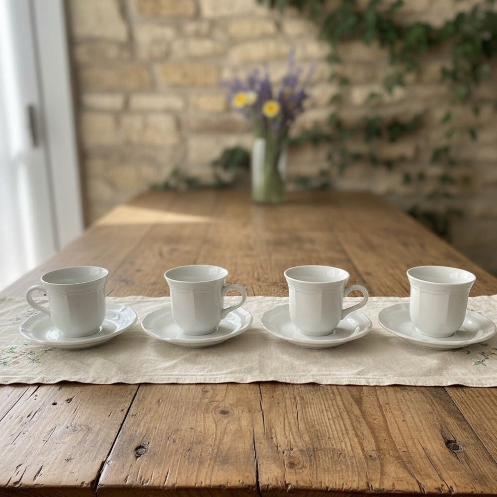 Mikasa French Countryside White 8.5 oz Coffee Tea Cups & Saucers Set of 4